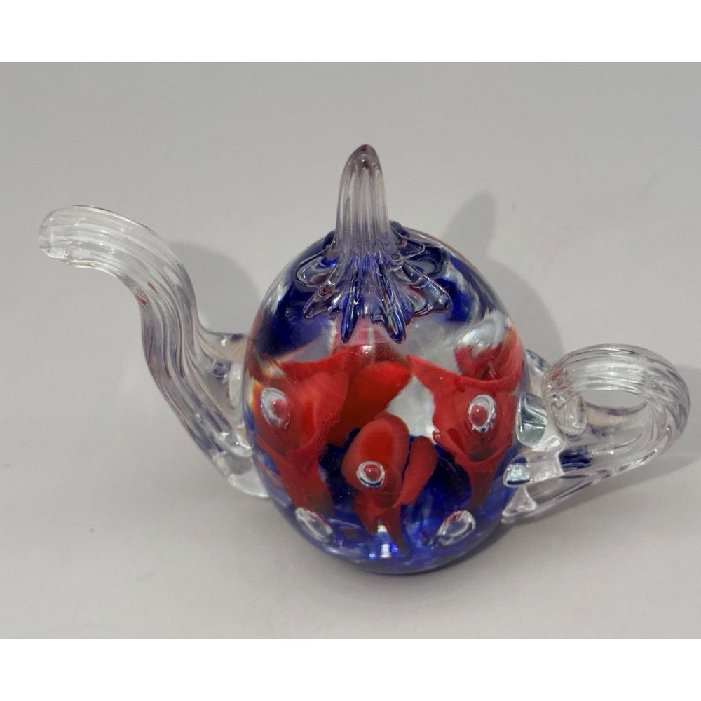 Vintage Gibson Art Glass Teapot Paperweight Red Floral Blue Controlled Bubble